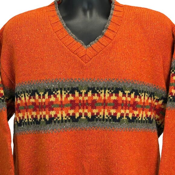 Vintage 90s Eddie Bauer Wool Blend Sweater Mens Large Orange V Neck Made In USA - Picture 1 of 7
